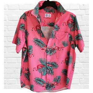 Hurley XL Coral Pink Flamingo Hawaiian Print Button-Up Shirt Tropical Resortwear
